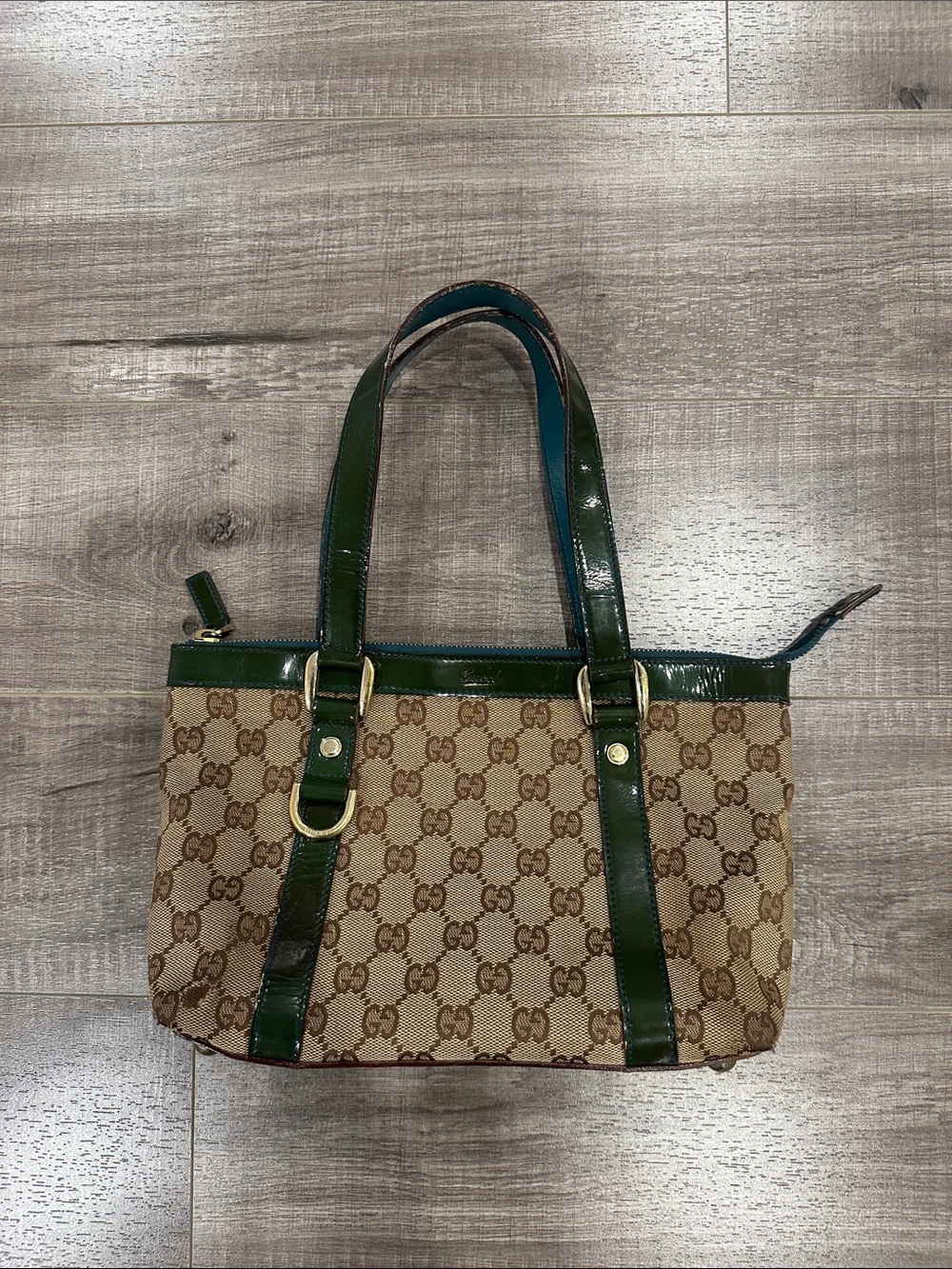 Gucci Brown GG Canvas Abby Tote with Green Leather Trim